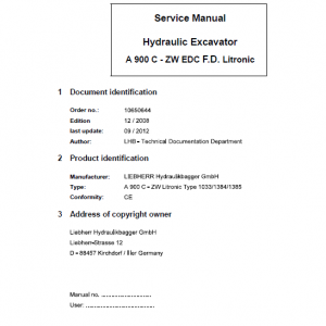 Liebherrr A900C ZW Litronic Tier 3 Excavator Service Manual