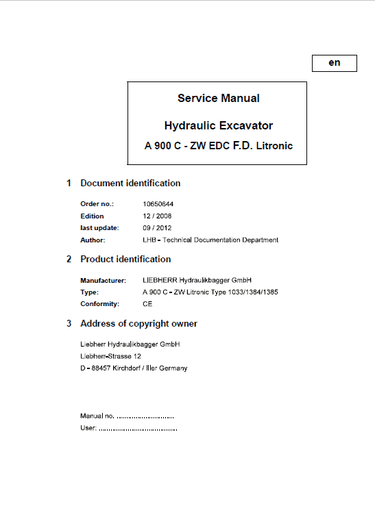 Liebherrr A900C ZW Litronic Tier 3 Excavator Service Manual