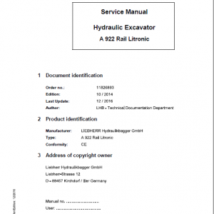 Liebherr A922 Rail Litronic Tier 4i Excavator Service Manual