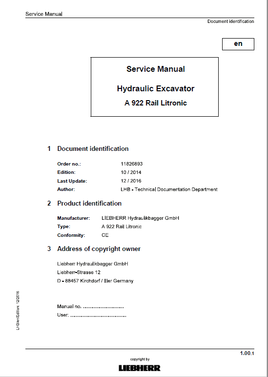 Liebherr A922 Rail Litronic Tier 4i Excavator Service Manual