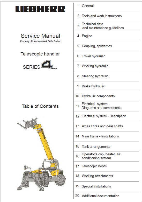 Liebherr TL435-10, TL435-13, TL442-13, TL445-10 Telescopic Handler Service Manual