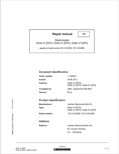 Liebherr D934 A7 DFP, D936 A7 DPF, D946 A7 DPF Engine Service Manual