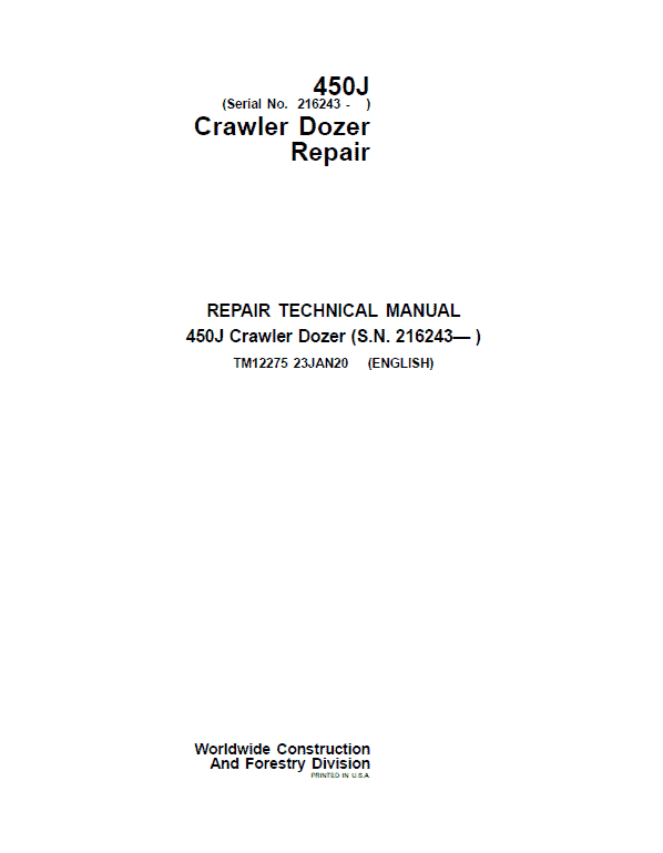 John Deere 450J Crawler Dozer Service Manual (SN. from 216243)