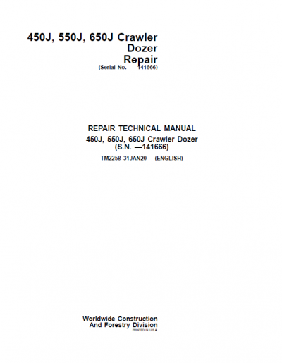 John Deere 450J, 550J, 650J Crawler Dozer Technical Manual (SN. before ...