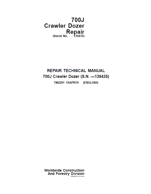 John Deere 700J Crawler Dozer Service Manual (SN before 139435)