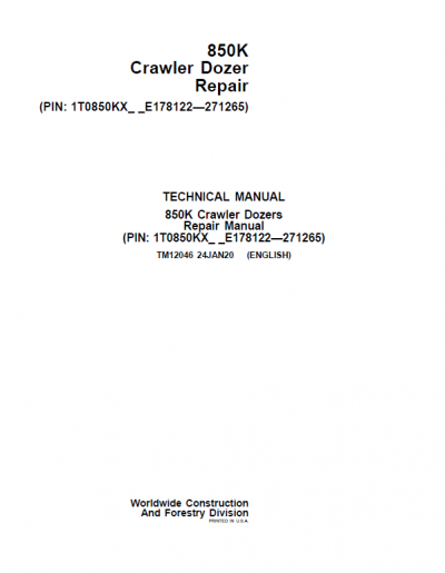 John Deere 850K Crawler Dozer Technical Manual (SN. from E178122 - E271265)