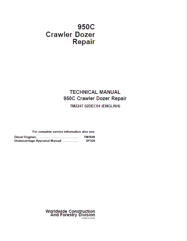 John Deere 950C Crawler Dozer Service Manual (TM2247 & TM1849)