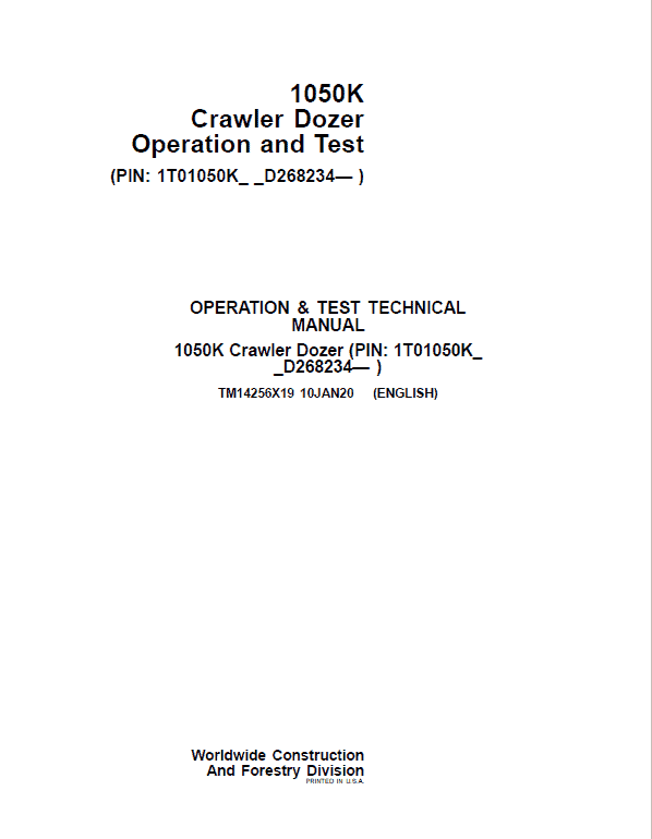 John Deere 1050K Crawler Dozer Service Manual (SN. from D268234)