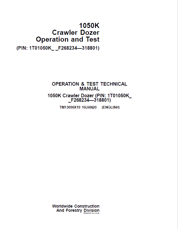 John Deere 1050K Crawler Dozer Service Manual (SN. from F268234 - F318801)