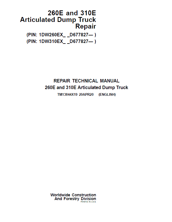 John Deere 260E and 310E Articulated Dump Truck Service Manual (SN. from D677827)