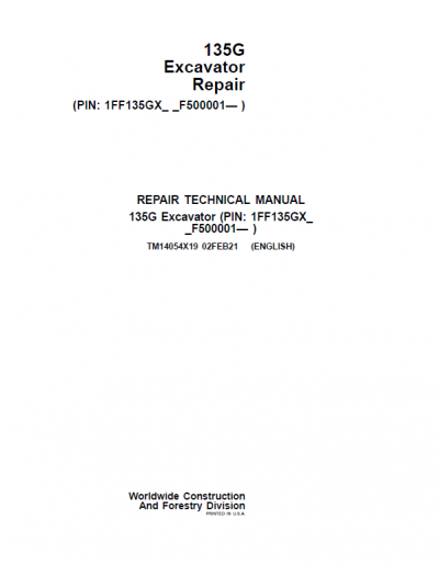 John Deere 135G Excavator Repair Technical Manual (SN. F500001-)