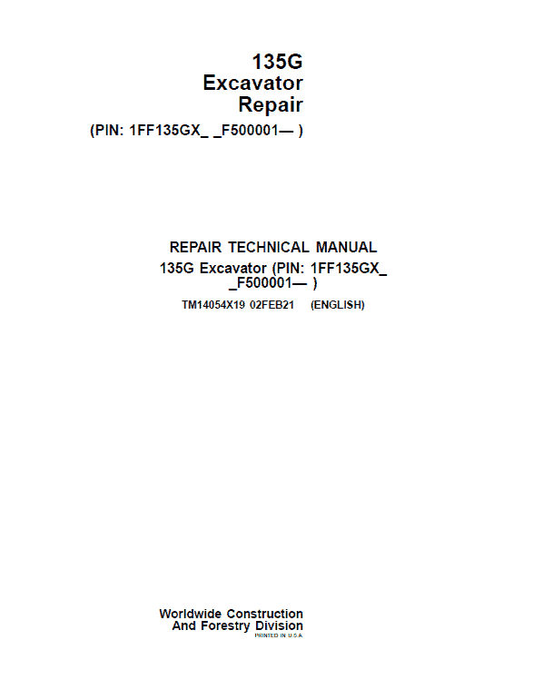 John Deere 135G Excavator Service Manual (SN. F500001-)