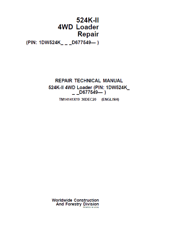 John Deere 524K-II 4WD Loader Service Manual (SN. from D677549)