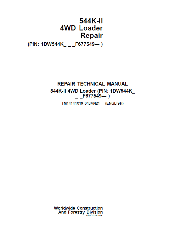 John Deere 544K-II 4WD Loader Service Manual (SN. from F677549)
