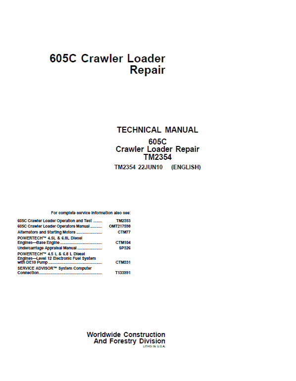 John Deere 605C Crawler Loader Service Manual (TM2353 & TM2354)