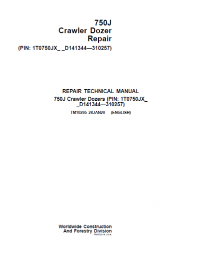 John Deere 750J Crawler Dozer Technical Manual (SN. from D219963-D310257)