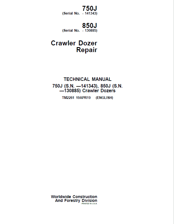 John Deere 750J, 850J Crawler Dozer Service Manual (S.N. before 130885)