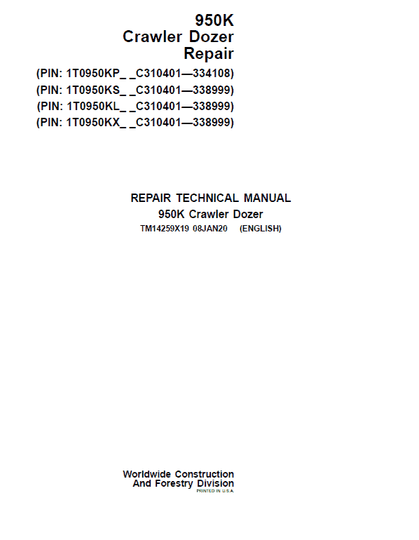 John Deere 950K Crawler Dozer Service Manual (SN. from C310401)