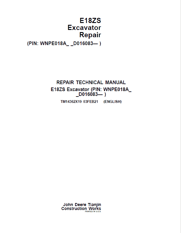 John Deere E18ZS Excavator Repair Service Manual (SN. D016000 - )