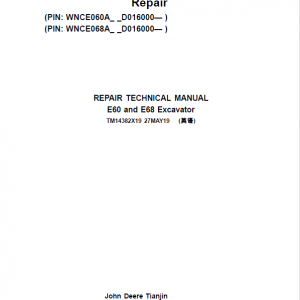 John Deere E60, E68 Excavator Repair Service Manual (SN. D016000-)