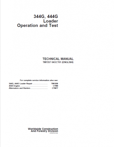 John Deere 344G, 444G Loader Repair Technical Manual