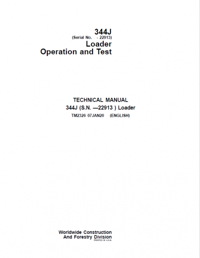 John Deere 344J Loader Repair Technical Manual (SN. before 22913)