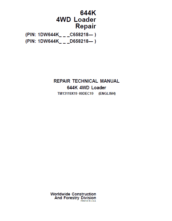 John Deere 644K 4WD Loader Service Manual (S.N. after C658218 & D658218 - )