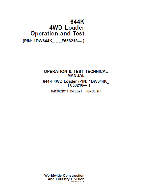 John Deere 644K 4WD Loader Service Manual (S.N. after F658218 - )