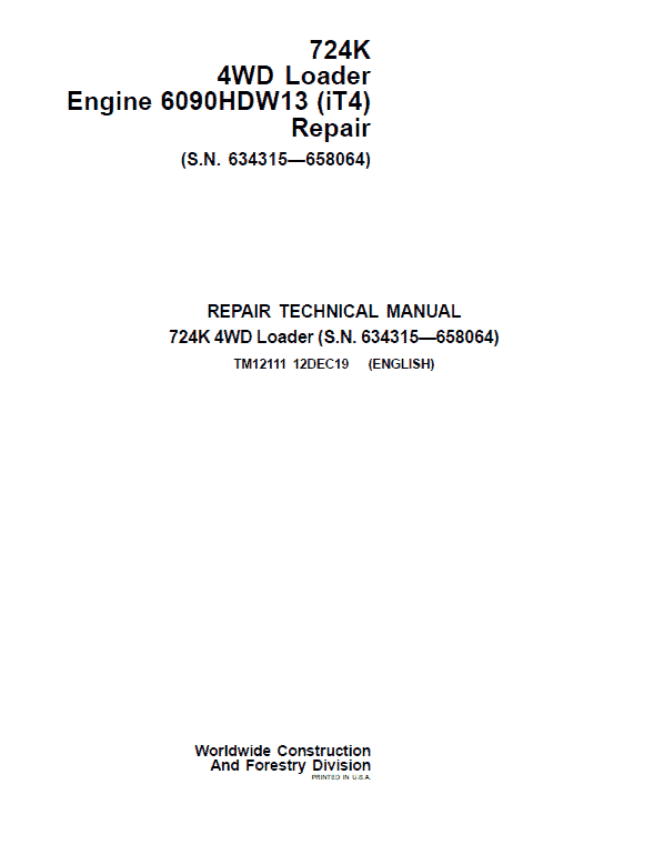 John Deere 724K 4WD Engine 6090HDW13 (iT4) Service Manual (S.N 634315 - 658064)