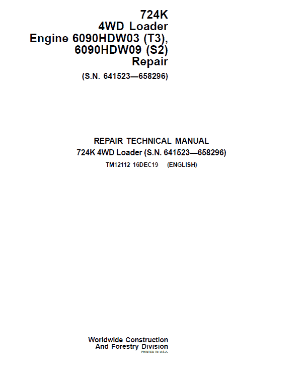 John Deere 724K 4WD Engine S2 & T3 Loader Service Manual (S.N. 641523 - 658296)
