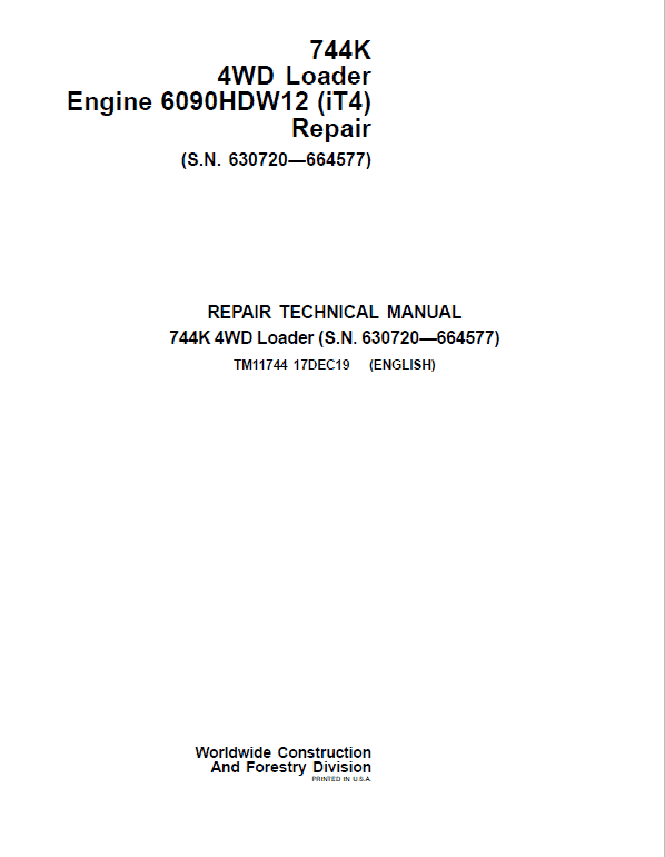John Deere 744K 4WD Engine 6090HDW12 (iT4) Service Manual (S.N 630720 - 664577)