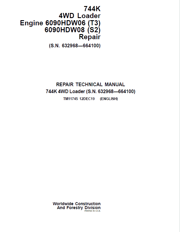 John Deere 744K 4WD Engine T3, S2 Service Manual (S.N 632968 - 664100)