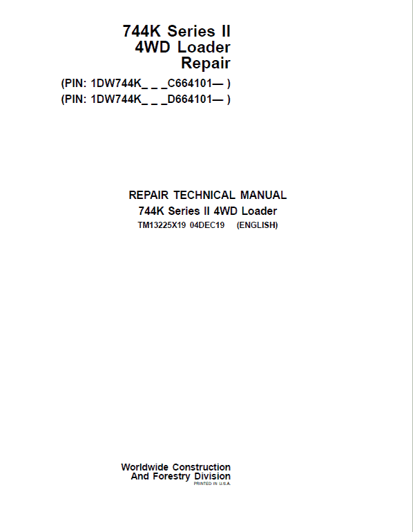 John Deere 744K Series II 4WD Loader Service Manual (S.N after C664101 & D664101 - )