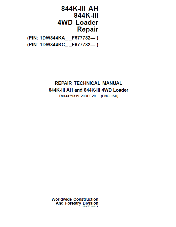 John Deere 844K-III AH, 844K-III 4WD Loader Service Manual (S.N after F677782 - )