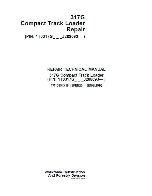 John Deere 317G Compact Track Loader Service Manual (S.N after J288093 - )