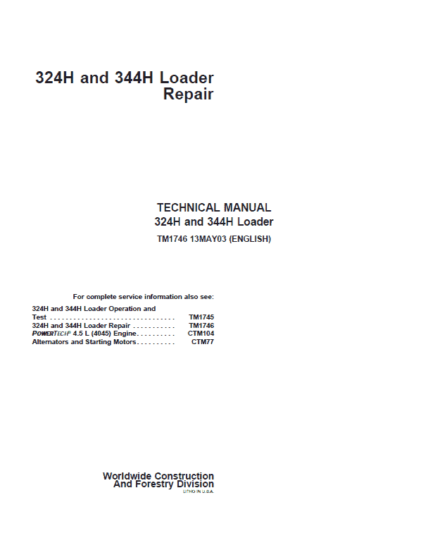 John Deere 324H, 344H Loader Service Manual
