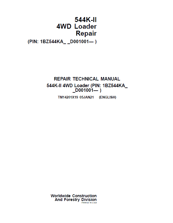 John Deere 544K-II 4WD Loader Repair Service Manual (S.N after D001001 – )