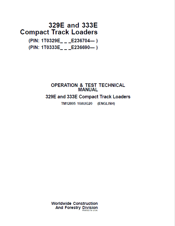 John Deere 329E, 333E SkidSteer Track Loader Service Manual (S.N from E236690 – )