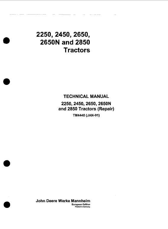 John Deere 2250, 2450, 2650, 2650N, 2850 Tractors Repair Service Manual