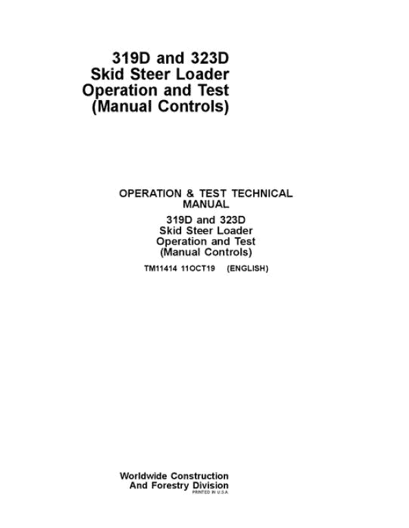 John Deere 319D, 323D SkidSteer Loader Service Manual (Manual Controls)