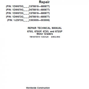 John Deere 670G, 670GP, 672G, 672GP Grader Service Manual (S.N 680878 - 680877 )