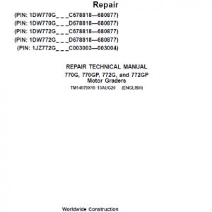 John Deere 770G, 770GP, 772G, 772GP Grader Service Manual (S.N 680878 - 680877 )