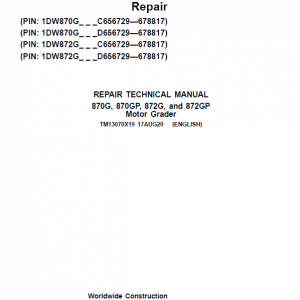John Deere 870G, 870GP, 872G, 872GP Grader Service Manual (S.N 656729 -678817)