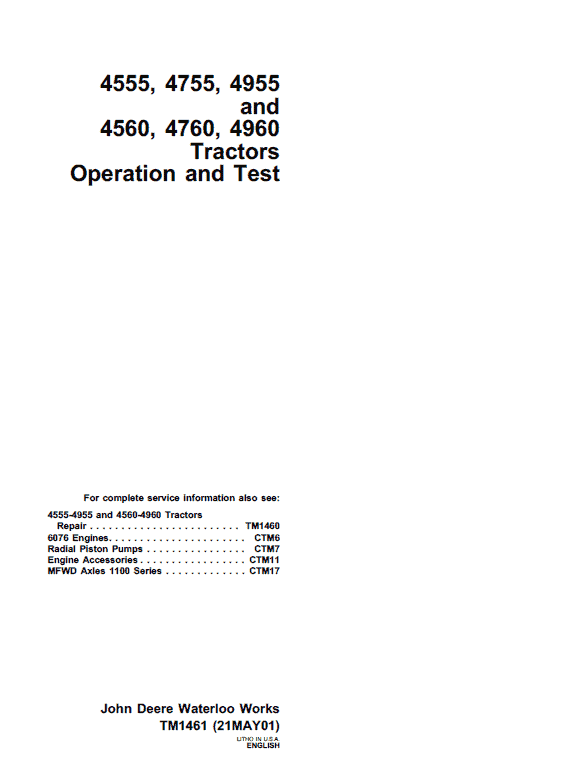 John Deere 4555, 4755, 4955 Tractors Repair Service Manual