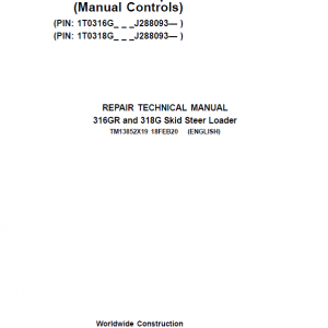 John Deere 316GR, 318G SkidSteer Loader Manual (Manual Controls - SN after J288093 -)