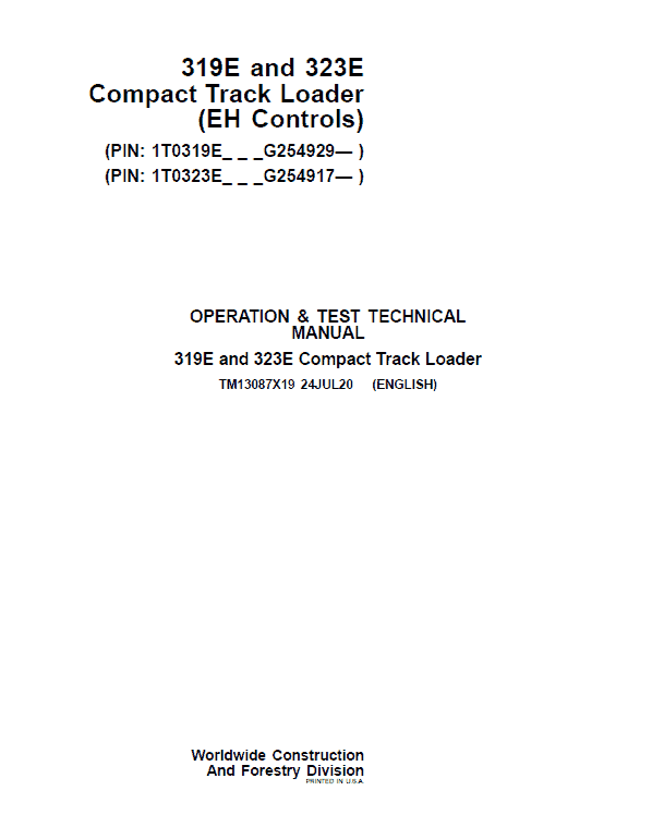 John Deere 319E, 323E SkidSteer Loader Service Manual (EH Controls - SN after G254917)