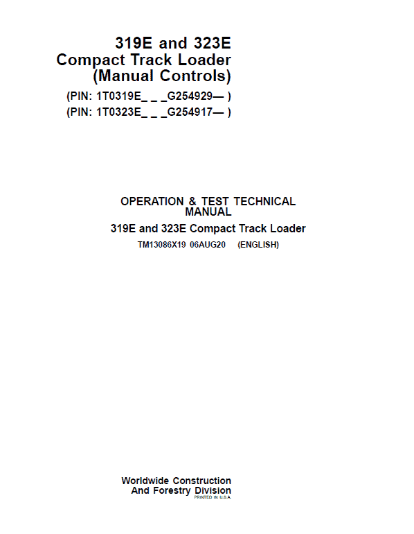 John Deere 319E, 323E SkidSteer Loader Manual (Manual Controls - SN after G254917)
