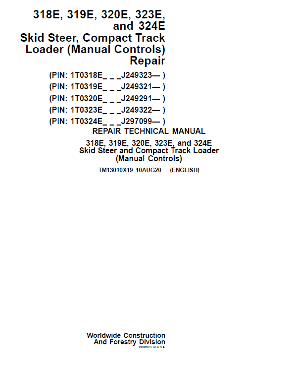 John Deere 319E, 323E SkidSteer Loader Service Manual (Manual Controls - SN after J249321)