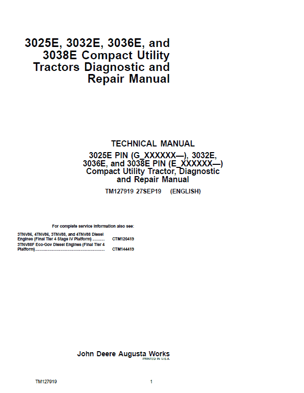 John Deere 3025E, 3032E, 3036E, 3038E Utility Tractors Service Manual (S.N from 610000 – )