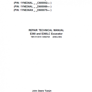 John Deere E360, E360LC Excavator Repair Service Manual (S.N after C600002 & D600069- )